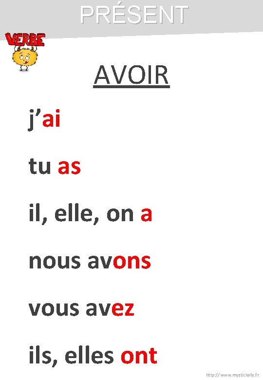 PRÉSENT AVOIR j’ai tu as il, elle, on a nous avons vous avez ils, PRÉSENT AVOIR j’ai tu as il, elle, on a nous avons vous avez ils,