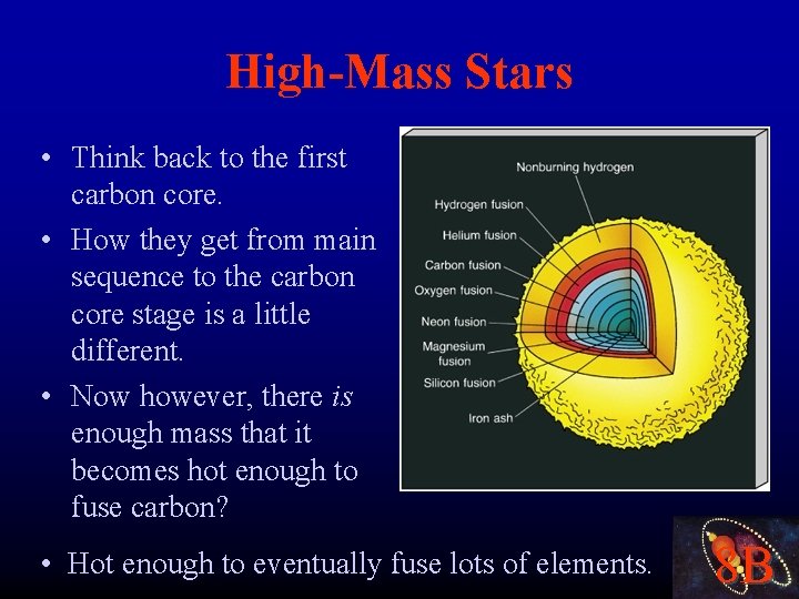 High-Mass Stars • Think back to the first carbon core. • How they get