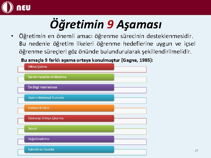 Öğretimin 9 Aşaması • Öğretimin en önemli amacı öğrenme sürecinin desteklenmesidir. Bu nedenle öğretim