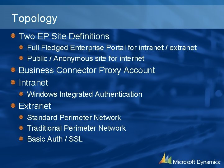 Topology Two EP Site Definitions Full Fledged Enterprise Portal for intranet / extranet Public