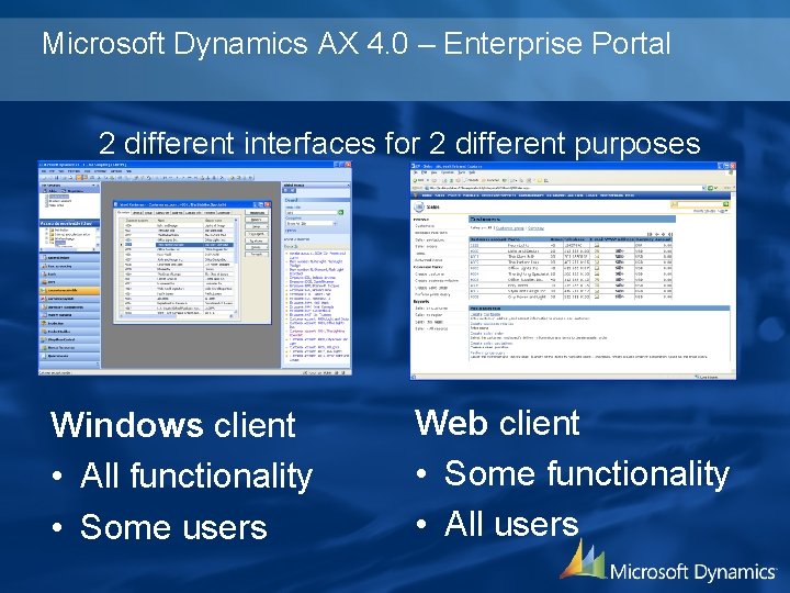 Microsoft Dynamics AX 4. 0 – Enterprise Portal 2 different interfaces for 2 different