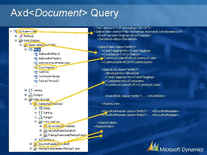 Axd<Document> Query <? xml version="1. 0" encoding="utf-16"? > <Sales. Order xmlns="http: //schemas. microsoft. com/dynamics/">