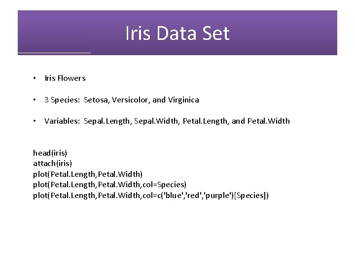 Iris Data Set • Iris Flowers • 3 Species: Setosa, Versicolor, and Virginica •