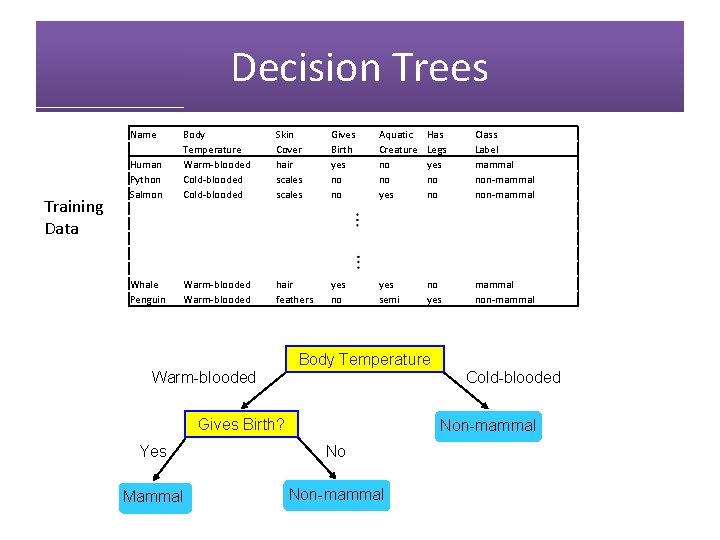 Decision Trees Training Data Name Human Python Salmon Body Temperature Warm-blooded Cold-blooded Skin Cover