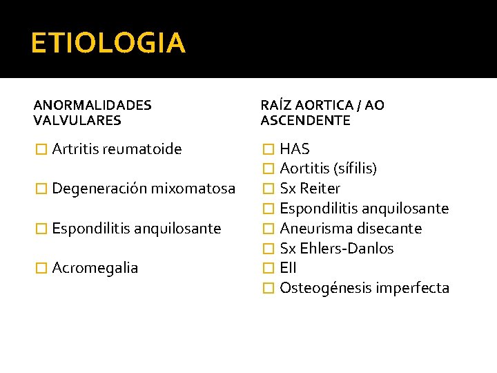 ETIOLOGIA ANORMALIDADES VALVULARES RAÍZ AORTICA / AO ASCENDENTE � Artritis reumatoide � HAS �