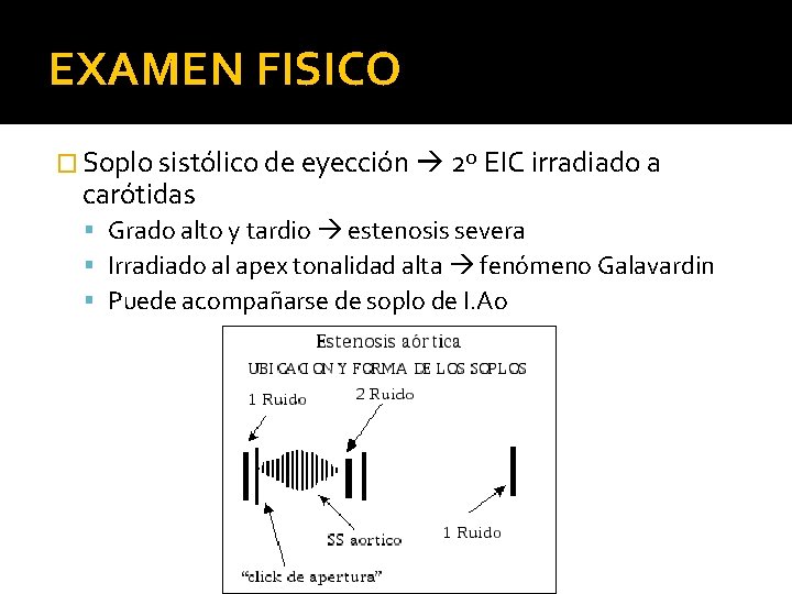 EXAMEN FISICO � Soplo sistólico de eyección 2º EIC irradiado a carótidas Grado alto