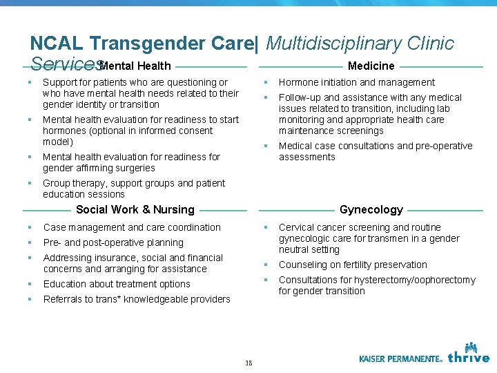 NCAL Transgender Care| Multidisciplinary Clinic Medicine Services. Mental Health § § Support for patients NCAL Transgender Care| Multidisciplinary Clinic Medicine Services. Mental Health § § Support for patients