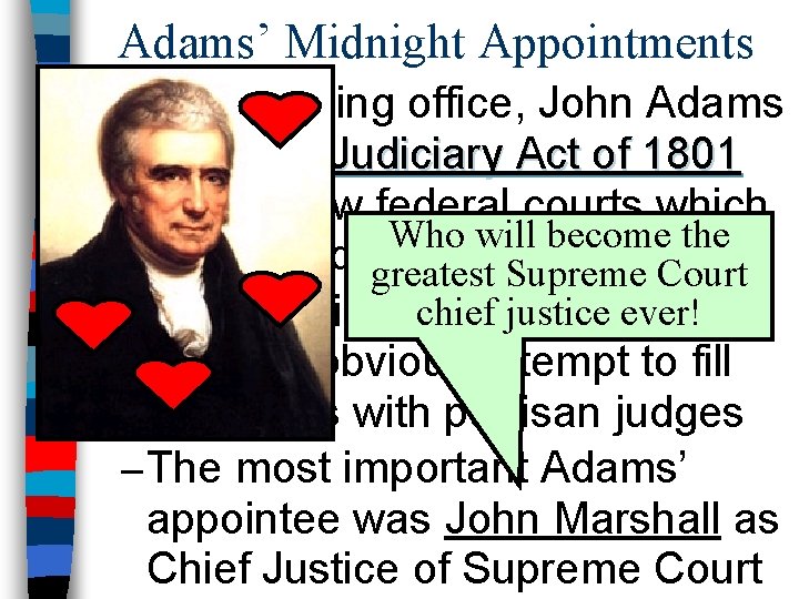 Adams’ Midnight Appointments n. Before leaving office, John Adams signed the Judiciary Act of