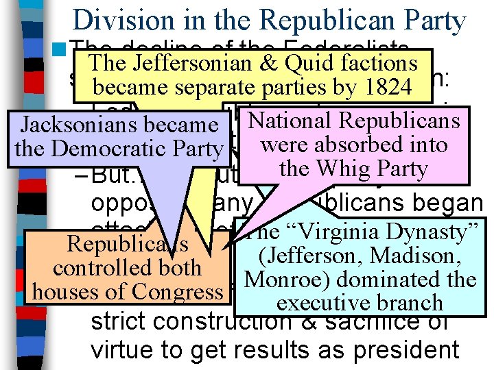 Division in the Republican Party n The decline of the Federalists The Jeffersonian &