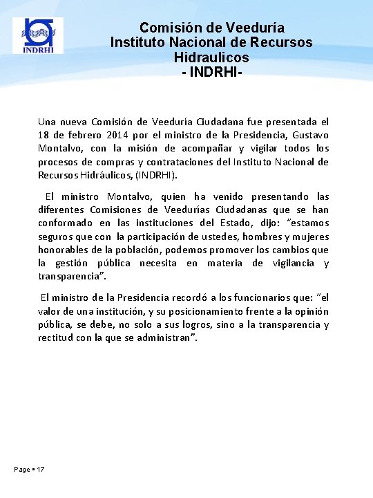 Comisión de Veeduría Instituto Nacional de Recursos Hidraulicos - INDRHI- Una nueva Comisión de