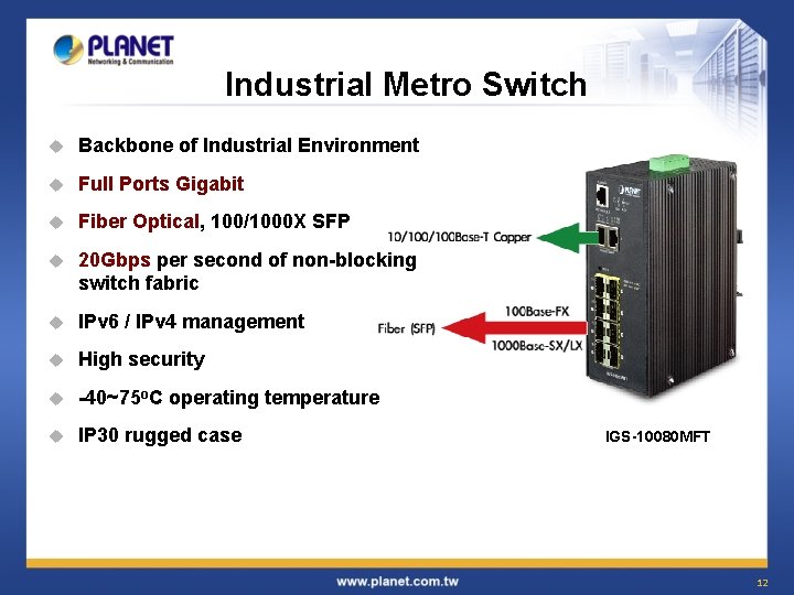 Industrial Metro Switch u Backbone of Industrial Environment u Full Ports Gigabit u Fiber