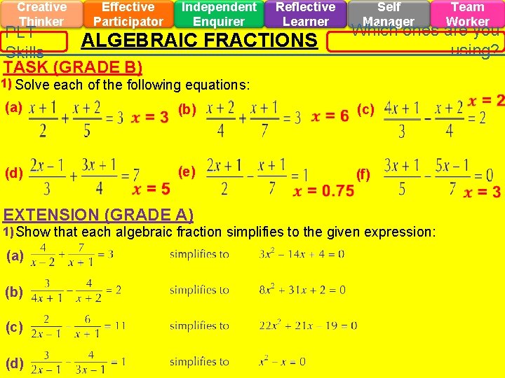 Creative Thinker Effective Participator Independent Enquirer Reflective Learner PLT ALGEBRAIC FRACTIONS Skills TASK (GRADE