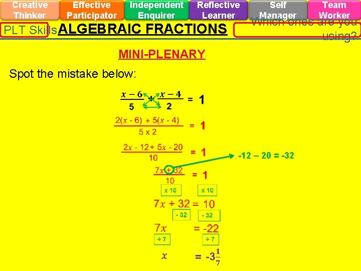 Creative Thinker Effective Participator Independent Enquirer Reflective Learner PLT Skills ALGEBRAIC FRACTIONS Self Manager