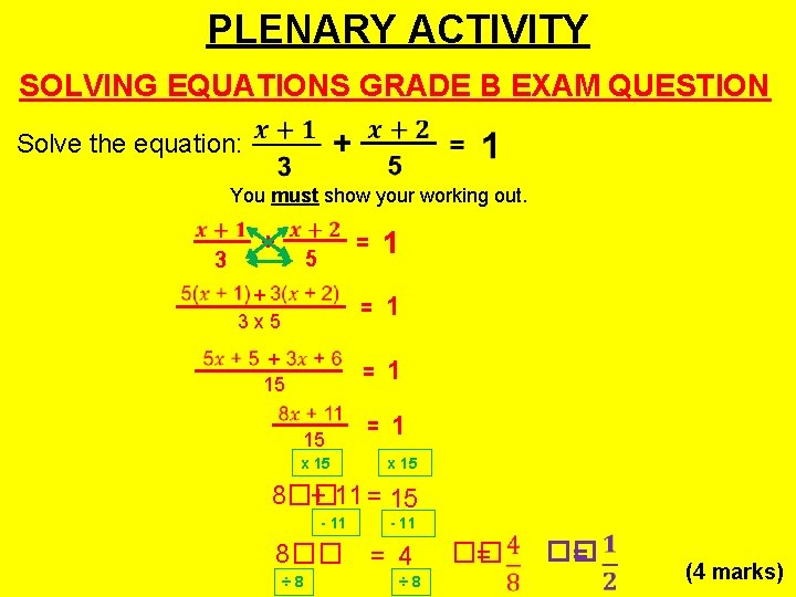 PLENARY ACTIVITY SOLVING EQUATIONS GRADE B EXAM QUESTION Solve the equation: You must show