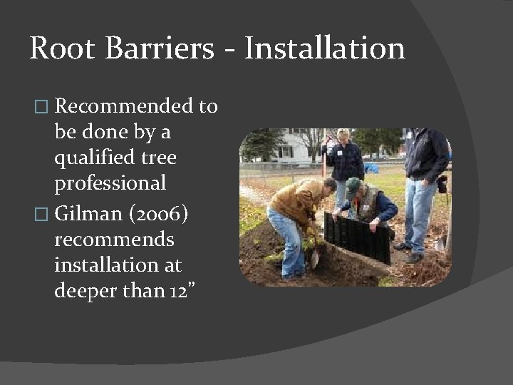 Root Barriers - Installation � Recommended be done by a qualified tree professional �