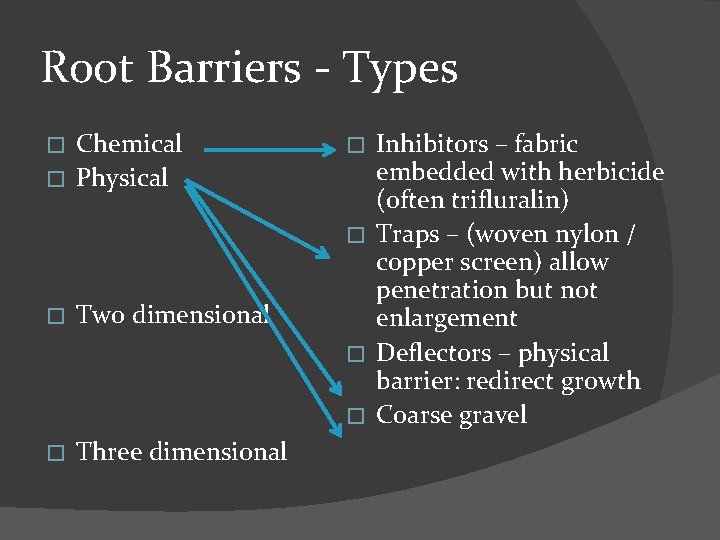 Root Barriers - Types Chemical � Physical � � Two dimensional � Three dimensional