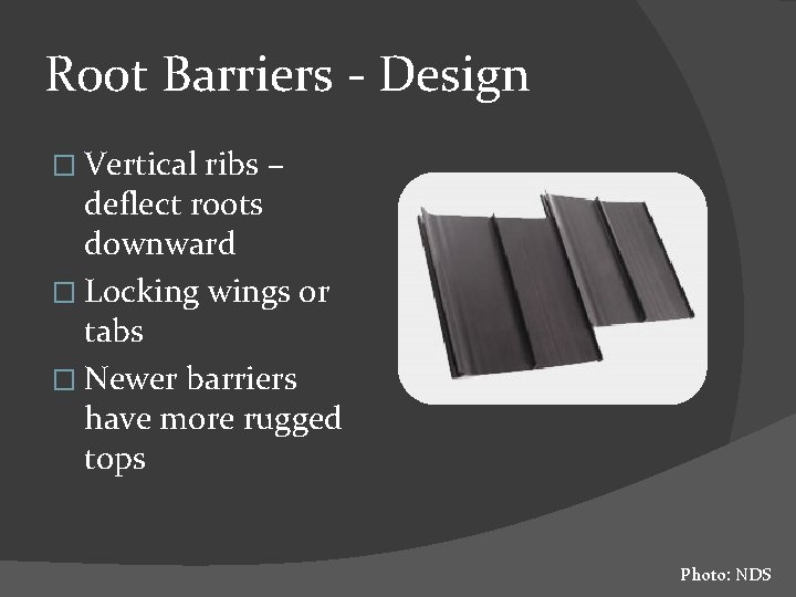 Root Barriers - Design � Vertical ribs – deflect roots downward � Locking wings