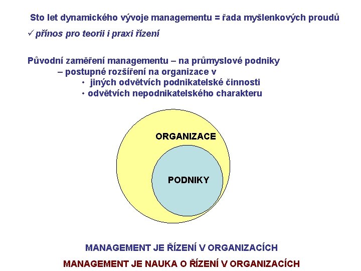 Sto let dynamického vývoje managementu = řada myšlenkových proudů üpřínos pro teorii i praxi
