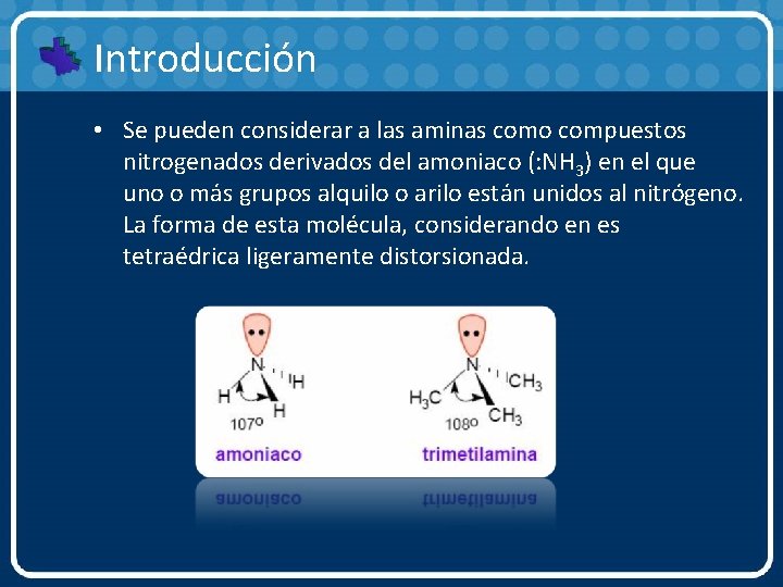 Introducción • Se pueden considerar a las aminas como compuestos nitrogenados derivados del amoniaco