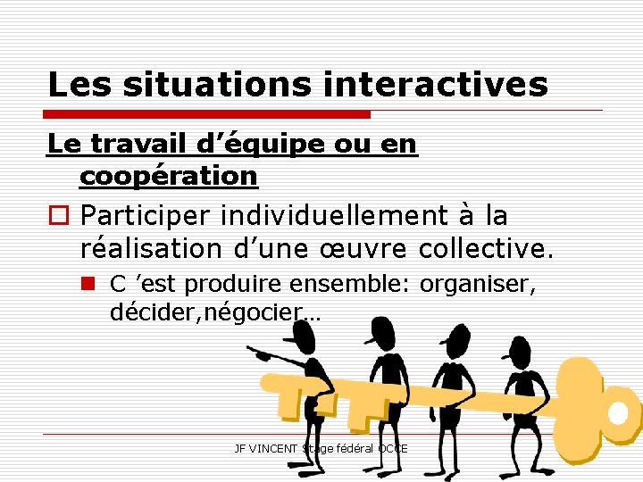 Les situations interactives Le travail d’équipe ou en coopération o Participer individuellement à la