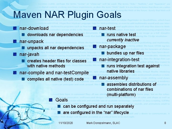 Maven NAR Plugin Goals nar-download nar-test downloads nar dependencies runs native test currently inactive