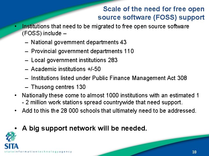 Scale of the need for free open source software (FOSS) support • Institutions that