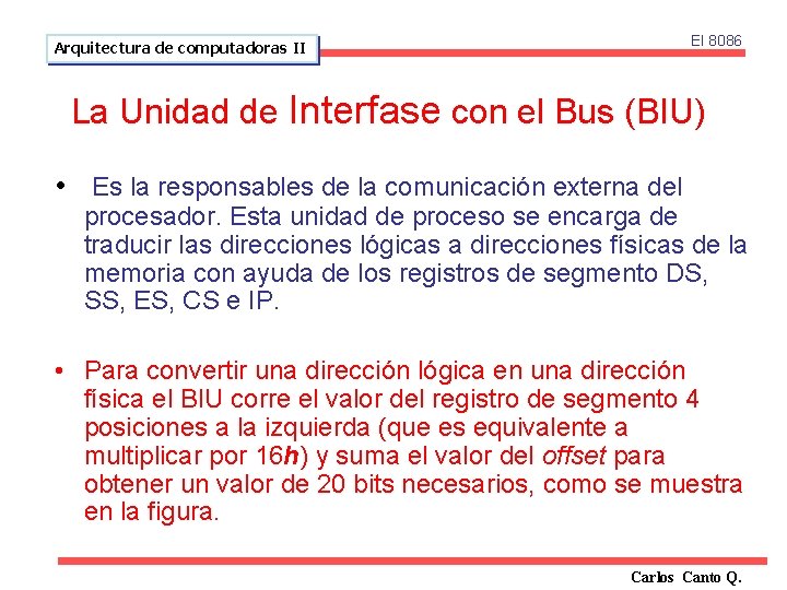 El 8086 Arquitectura de computadoras II La Unidad de Interfase con el Bus (BIU)