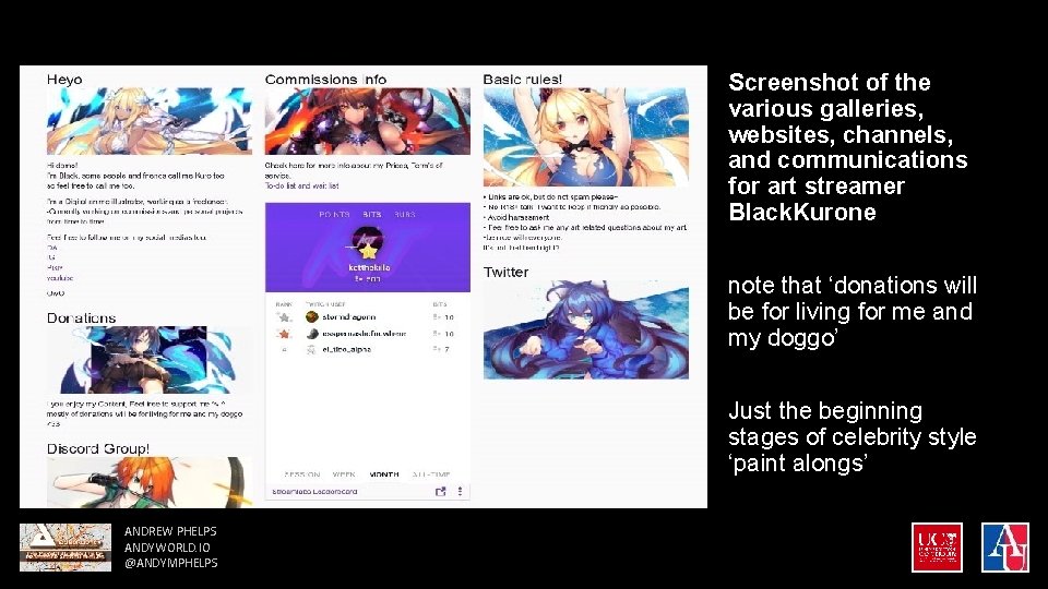 Screenshot of the various galleries, websites, channels, and communications for art streamer Black. Kurone