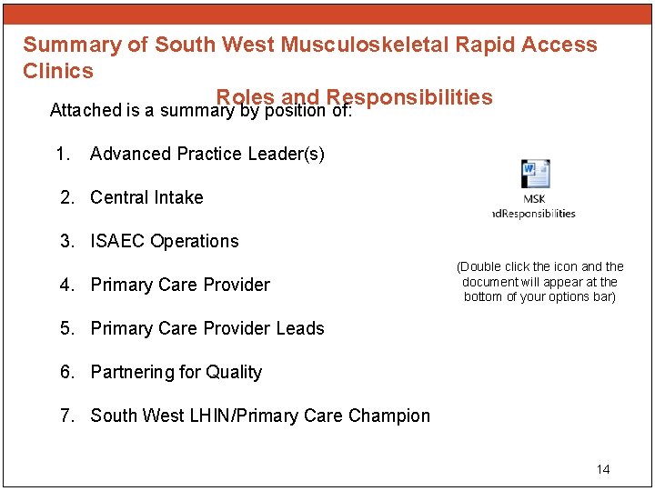 Summary of South West Musculoskeletal Rapid Access Clinics Roles and Responsibilities Attached is a