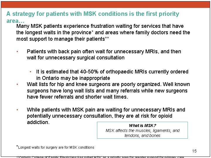 A strategy for patients with MSK conditions is the first priority area… Many MSK