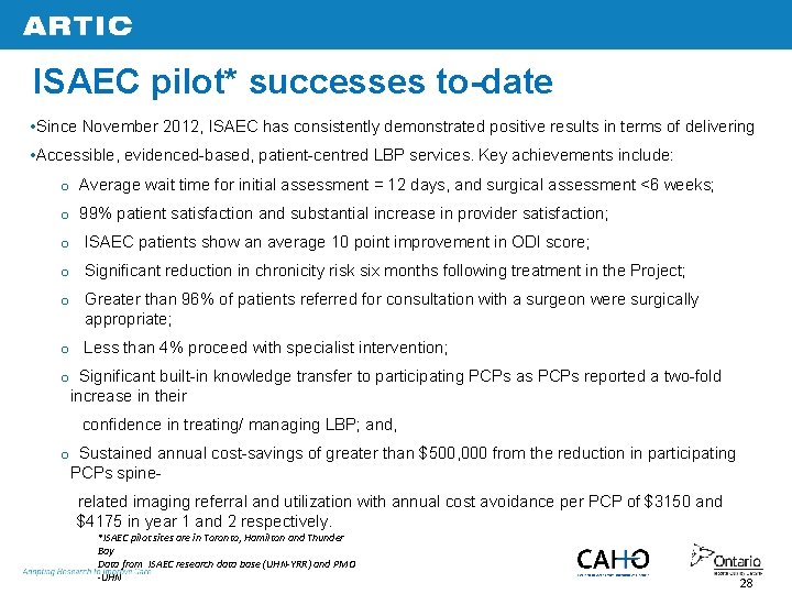 ISAEC pilot* successes to-date • Since November 2012, ISAEC has consistently demonstrated positive results