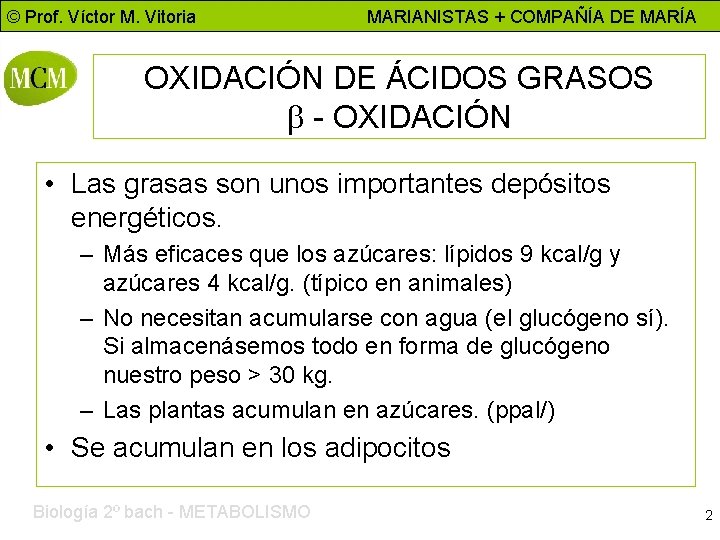 © Prof. Víctor M. Vitoria MARIANISTAS + COMPAÑÍA DE MARÍA OXIDACIÓN DE ÁCIDOS GRASOS