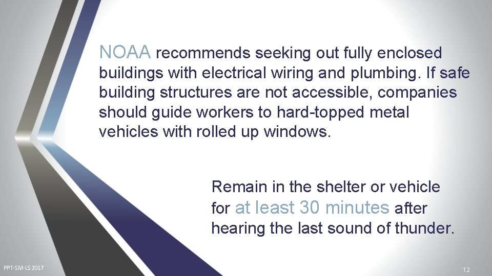 NOAA recommends seeking out fully enclosed buildings with electrical wiring and plumbing. If safe