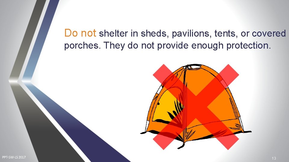 Do not shelter in sheds, pavilions, tents, or covered porches. They do not provide