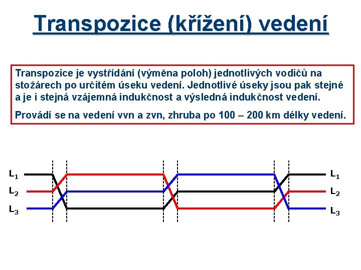 Transpozice (křížení) vedení Transpozice je vystřídání (výměna poloh) jednotlivých vodičů na stožárech po určitém