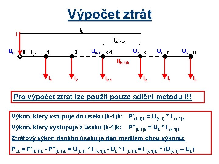 Výpočet ztrát lk I U 0 l(k-1)k 0 l 01 1 2 Uk-1 Uk