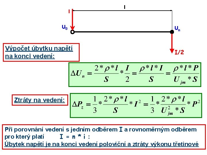 I U 0 Výpočet úbytku napětí na konci vedení: l Un I/2 Ztráty na