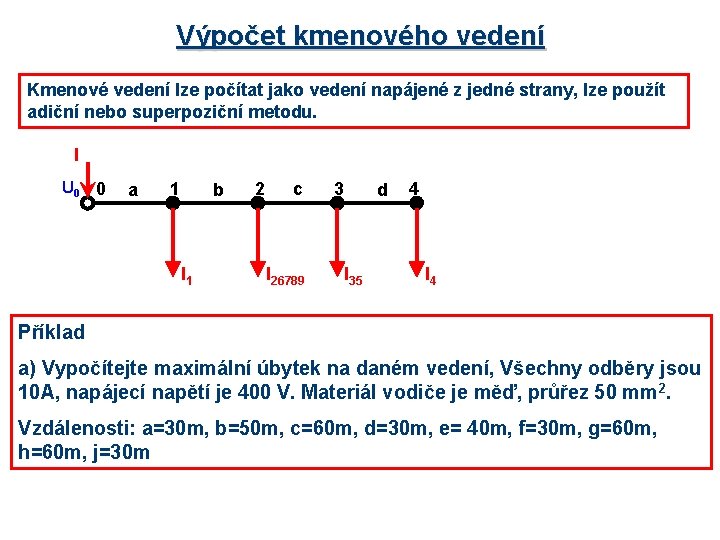 Výpočet kmenového vedení Kmenové vedení lze počítat jako vedení napájené z jedné strany, lze