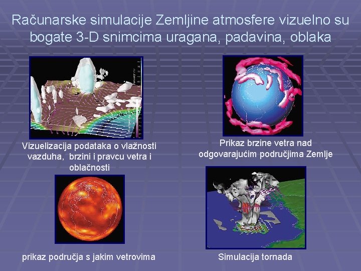 Računarske simulacije Zemljine atmosfere vizuelno su bogate 3 -D snimcima uragana, padavina, oblaka Vizuelizacija
