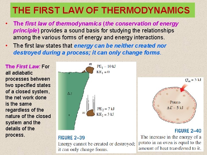 THE FIRST LAW OF THERMODYNAMICS • The first law of thermodynamics (the conservation of