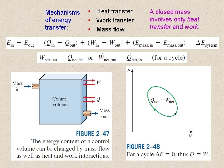 Mechanisms of energy transfer: • Heat transfer • Work transfer • Mass flow A