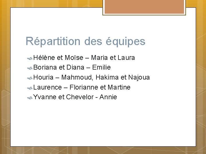 Répartition des équipes Hélène et Moïse – Maria et Laura Boriana et Diana –