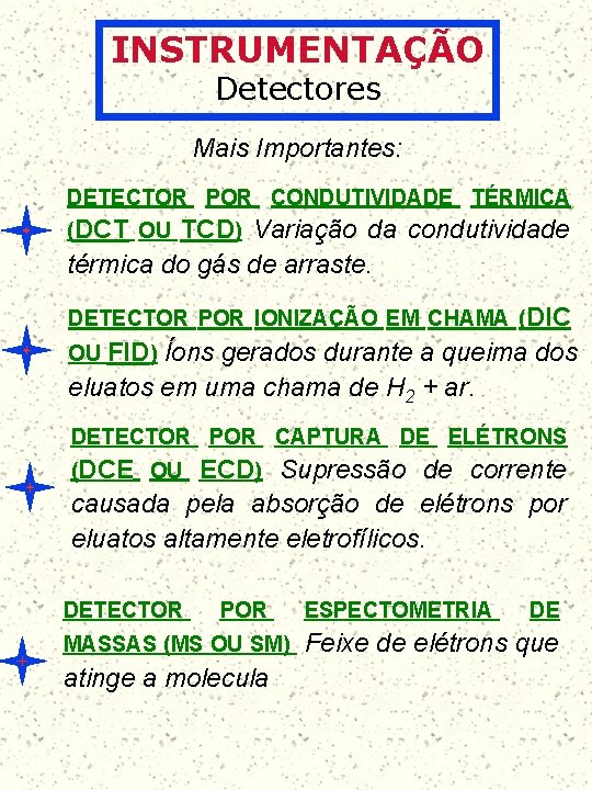 INSTRUMENTAÇÃO Detectores Mais Importantes: DETECTOR POR CONDUTIVIDADE TÉRMICA (DCT OU TCD) Variação da condutividade
