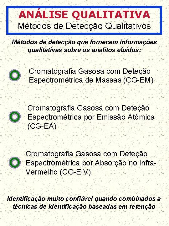 ANÁLISE QUALITATIVA Métodos de Detecção Qualitativos Métodos de detecção que fornecem informações qualitativas sobre