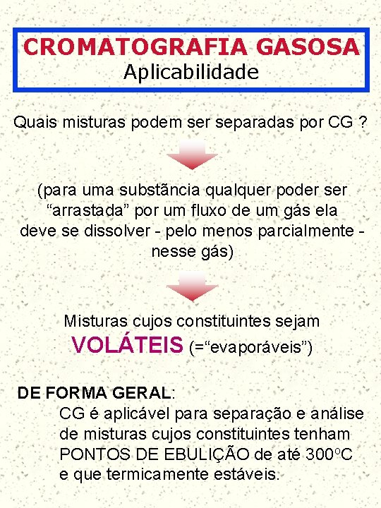 CROMATOGRAFIA GASOSA Aplicabilidade Quais misturas podem ser separadas por CG ? (para uma substãncia