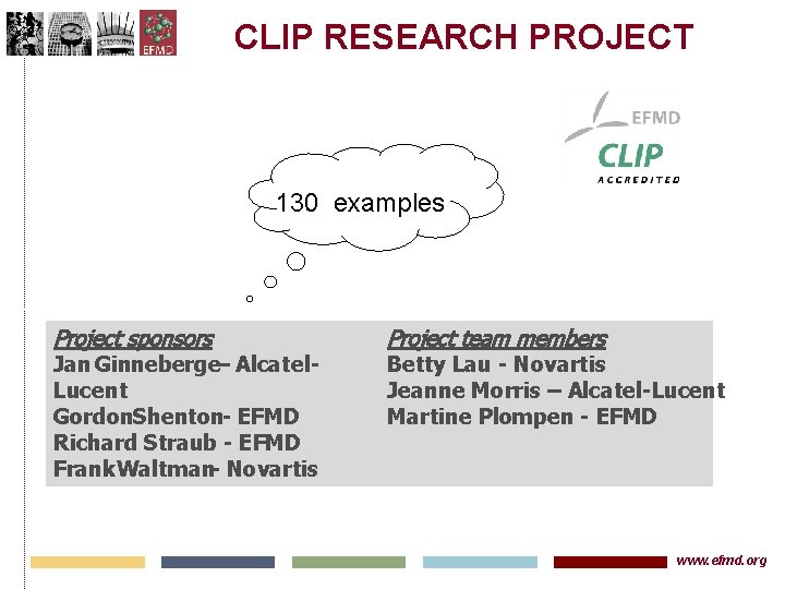 CLIP RESEARCH PROJECT 130 examples Project sponsors Jan Ginneberge– Alcatel. Lucent Gordon. Shenton- EFMD