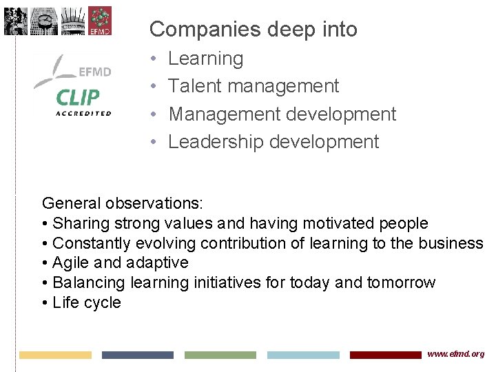 Companies deep into • • Learning Talent management Management development Leadership development General observations: