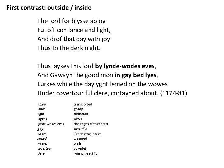 First contrast: outside / inside The lord for blysse abloy Ful oft con lance