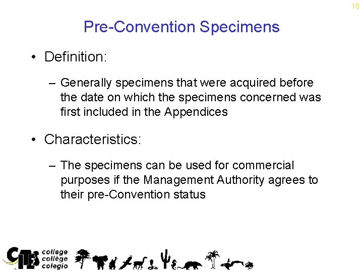 10 Pre-Convention Specimens • Definition: – Generally specimens that were acquired before the date