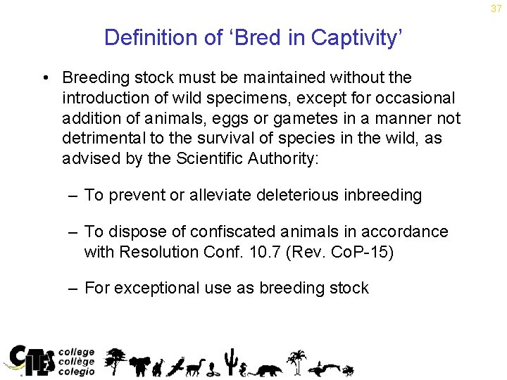 37 Definition of ‘Bred in Captivity’ • Breeding stock must be maintained without the